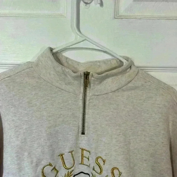 GUESS cropped cream 1/4 zip sweatshirt. Raised stitching in gold. Size Large. - Picture 2 of 7